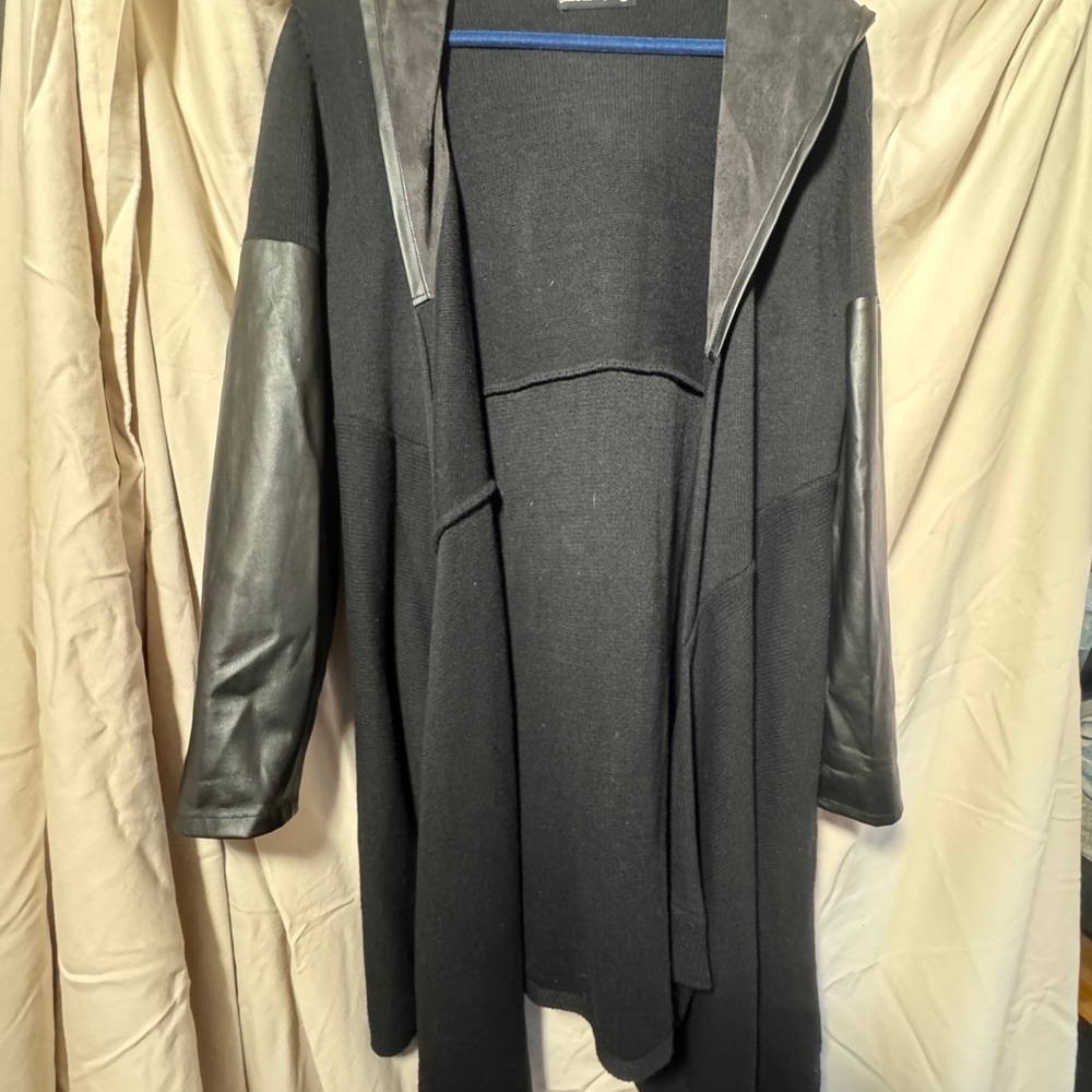 Blank NYC Black Long Black Sweater-Jacket w/PU Leather Sleeves and Hood